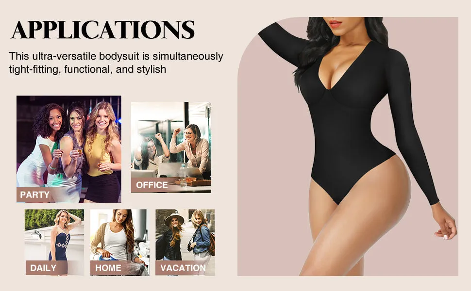 Black Long Sleeve Deep-V Contoured Control Bodysuit