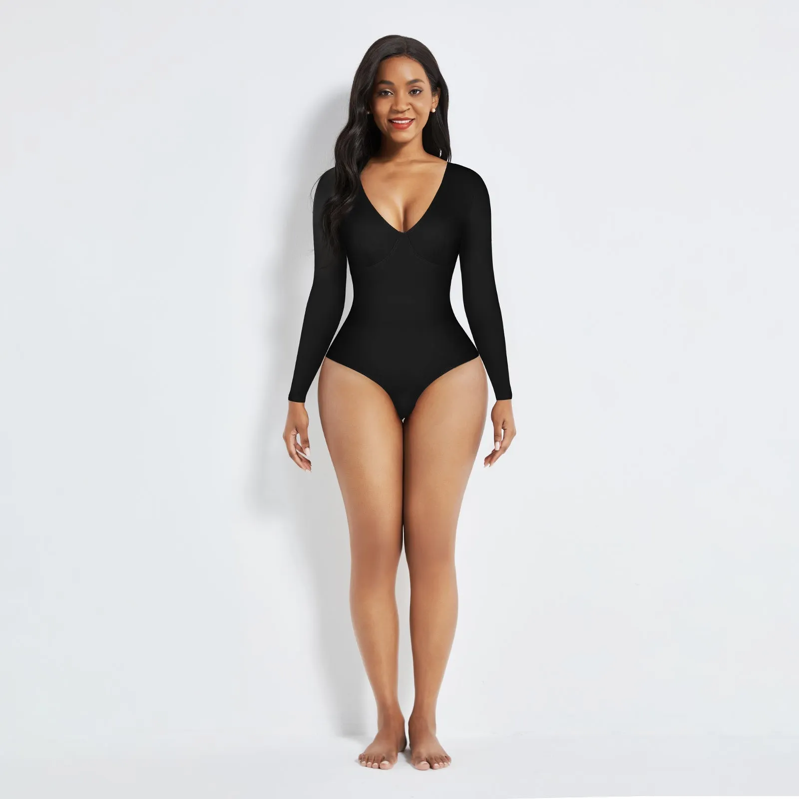 Black Long Sleeve Deep-V Contoured Control Bodysuit