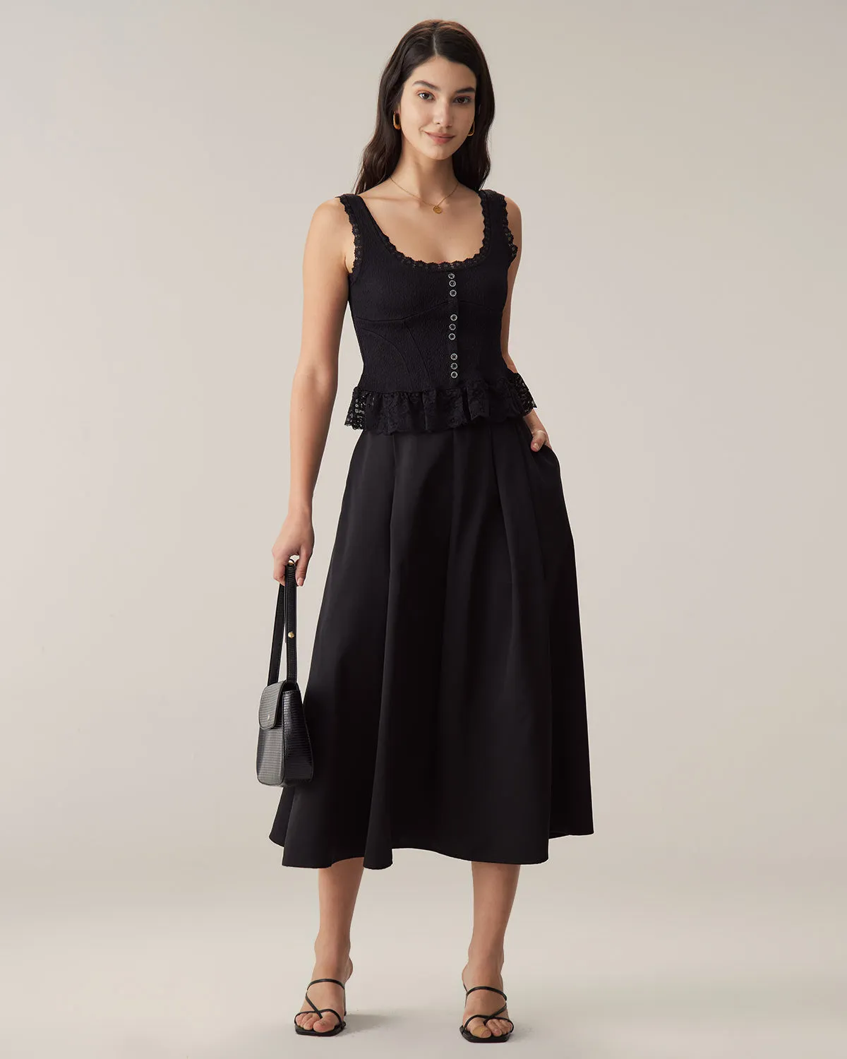 Black Textured U Neck Lace Tank