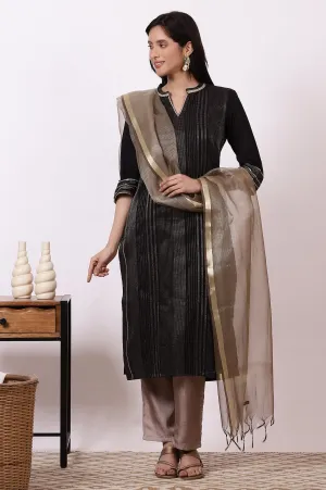 Black Zari Woven Cotton Blend Straight Kurta, Pants and Dupatta Set