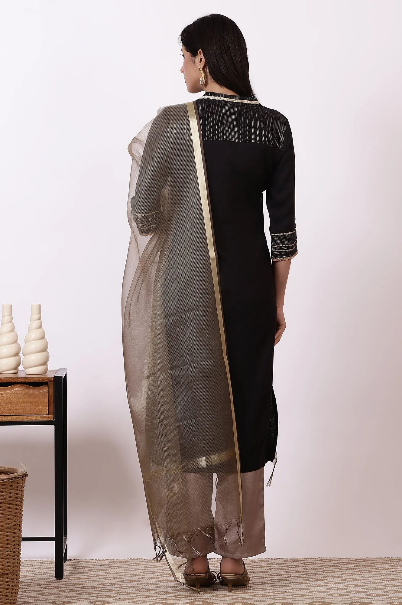 Black Zari Woven Cotton Blend Straight Kurta, Pants and Dupatta Set