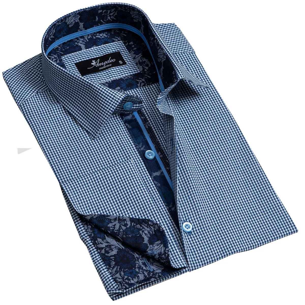 Blue Mens Slim Fit French Cuff Shirts With Cufflink Holes - Casual And
