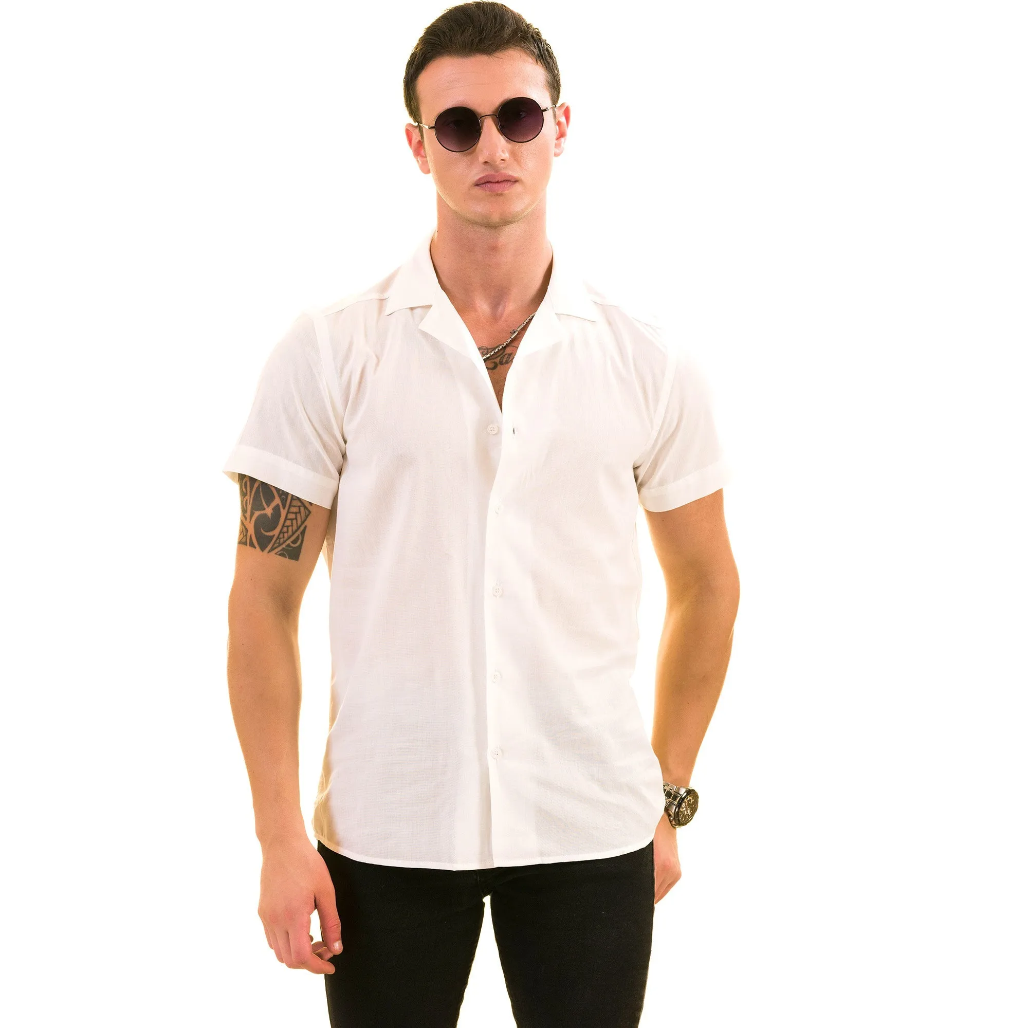 Blue White Palm Trees European Made & Designed Hawaiian Summer Shirts