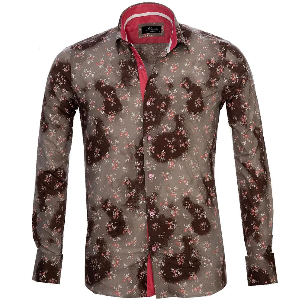 Brown Floral Sheen Mens Slim Fit French Cuff Shirts with Cufflink
