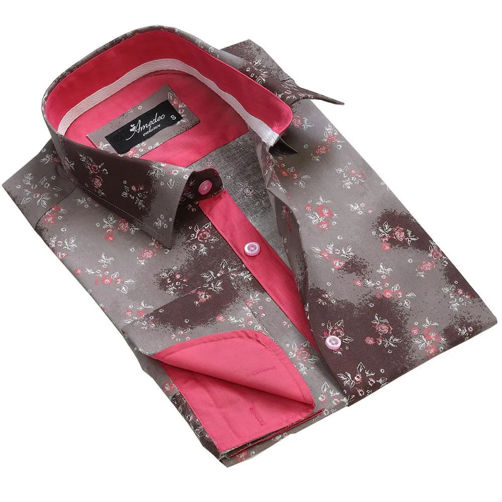 Brown Floral Sheen Mens Slim Fit French Cuff Shirts with Cufflink