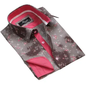 Brown Floral Sheen Mens Slim Fit French Cuff Shirts with Cufflink