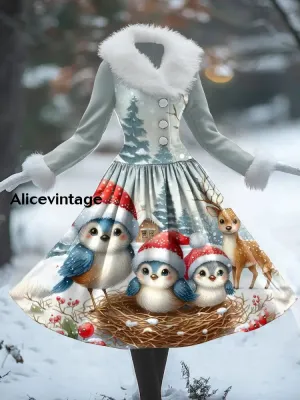 Christmas Animal Art Print Vintage Elegant Fur Collar Long Sleeve Midi Dress