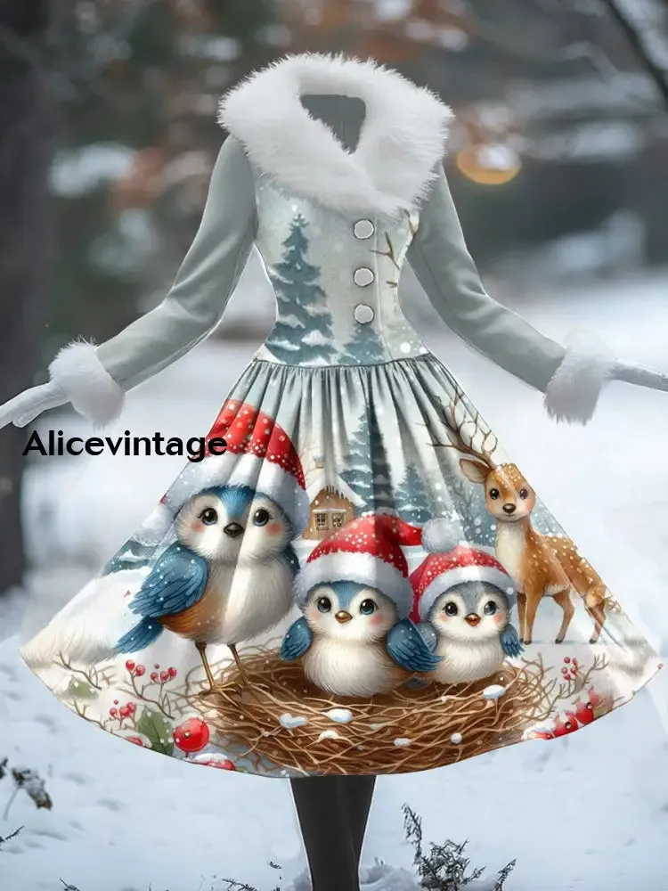 Christmas Animal Art Print Vintage Elegant Fur Collar Long Sleeve Midi Dress
