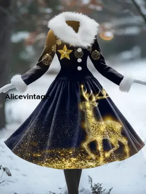 Christmas Reindeer Art Print Vintage Elegant Fur Collar Long Sleeve Midi Dress