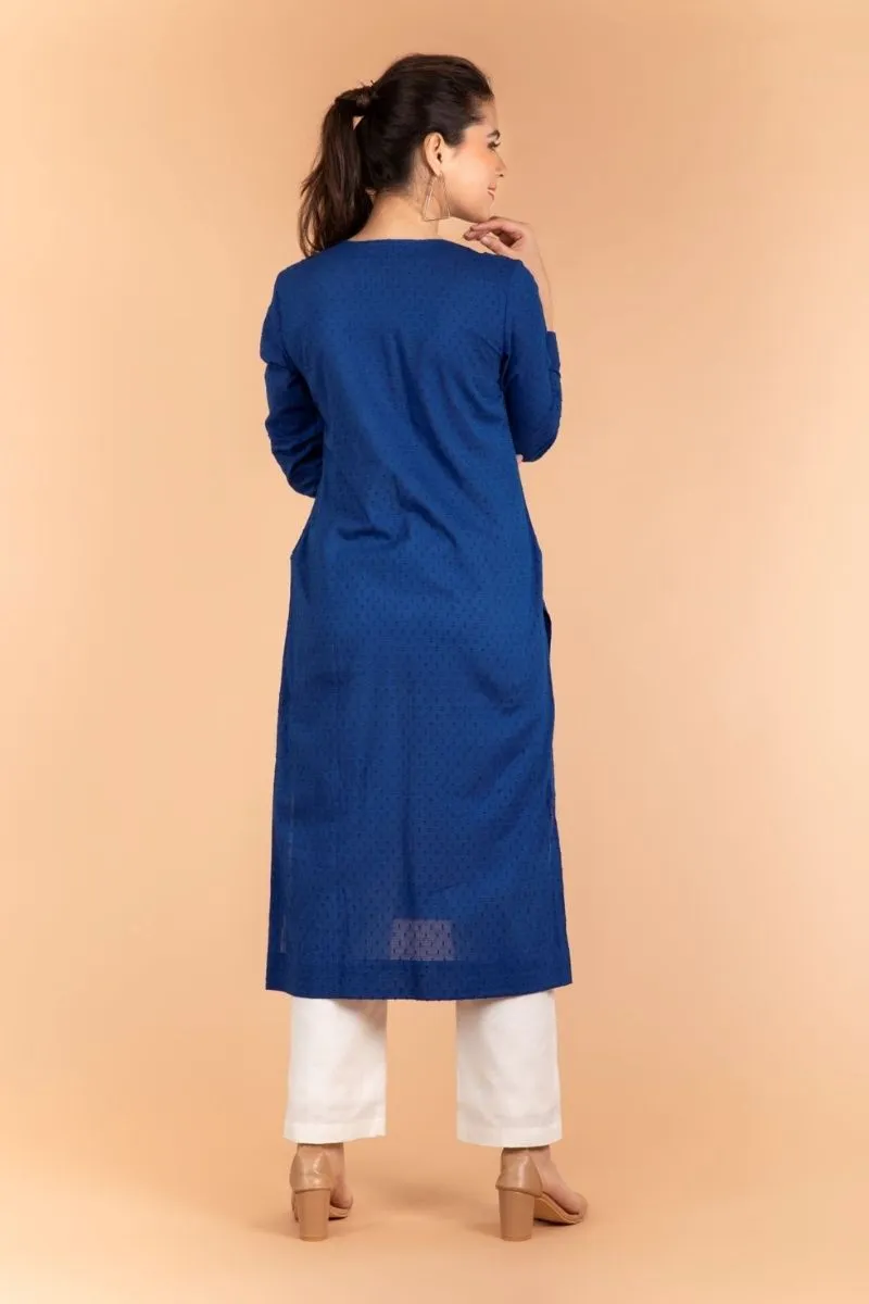 Cobalt Blue Kurta with Forward Slit in Swiss Dot Cotton