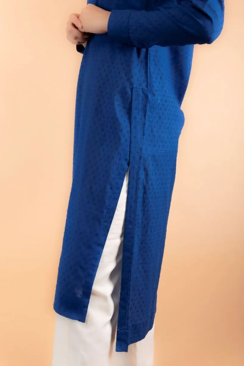 Cobalt Blue Kurta with Forward Slit in Swiss Dot Cotton