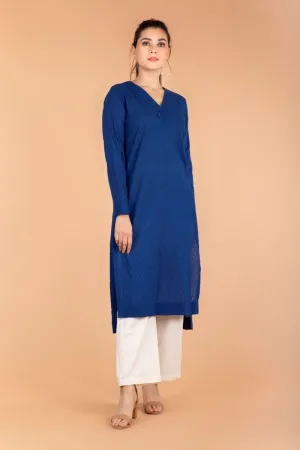 Cobalt Blue Kurta with Forward Slit in Swiss Dot Cotton