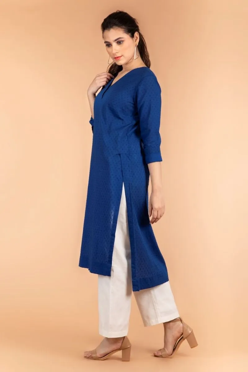Cobalt Blue Kurta with Forward Slit in Swiss Dot Cotton