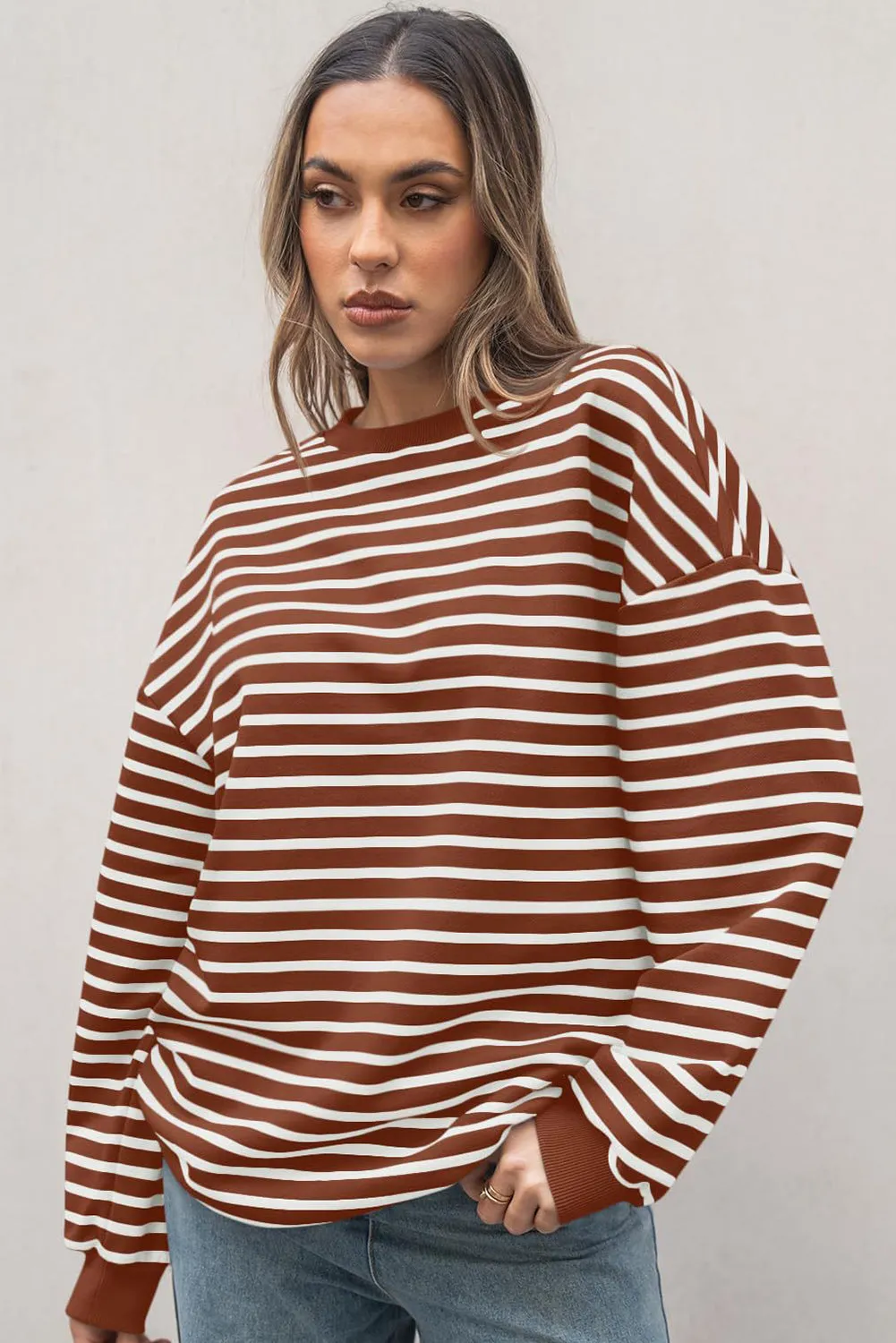 Coffee Striped Long Sleeve Round Neck Loose Top