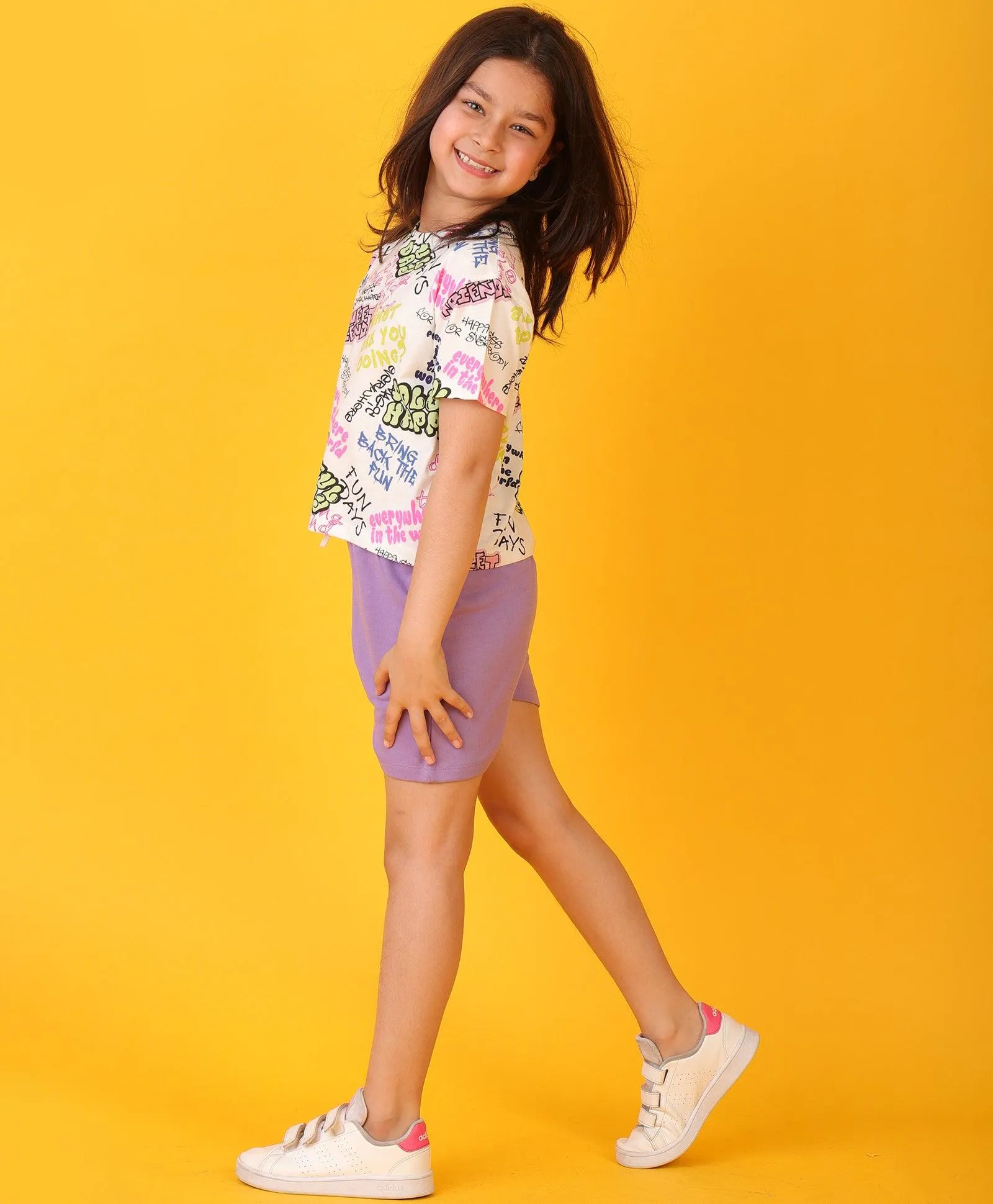 COLORFUL HAPPINESS PURPLE GIRLS SHORTS SET - WHITE/PURPLE
