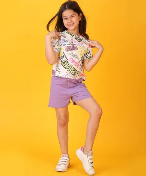 COLORFUL HAPPINESS PURPLE GIRLS SHORTS SET - WHITE/PURPLE