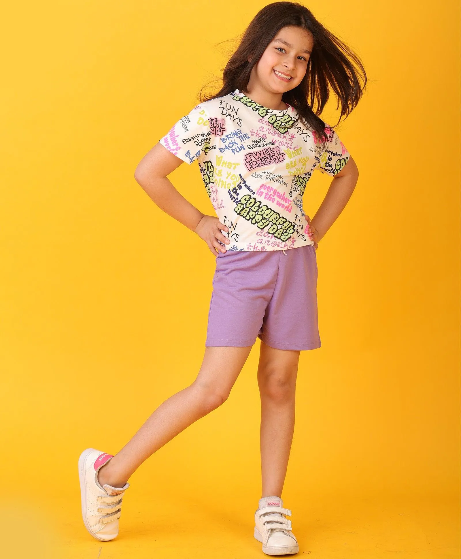 COLORFUL HAPPINESS PURPLE GIRLS SHORTS SET - WHITE/PURPLE