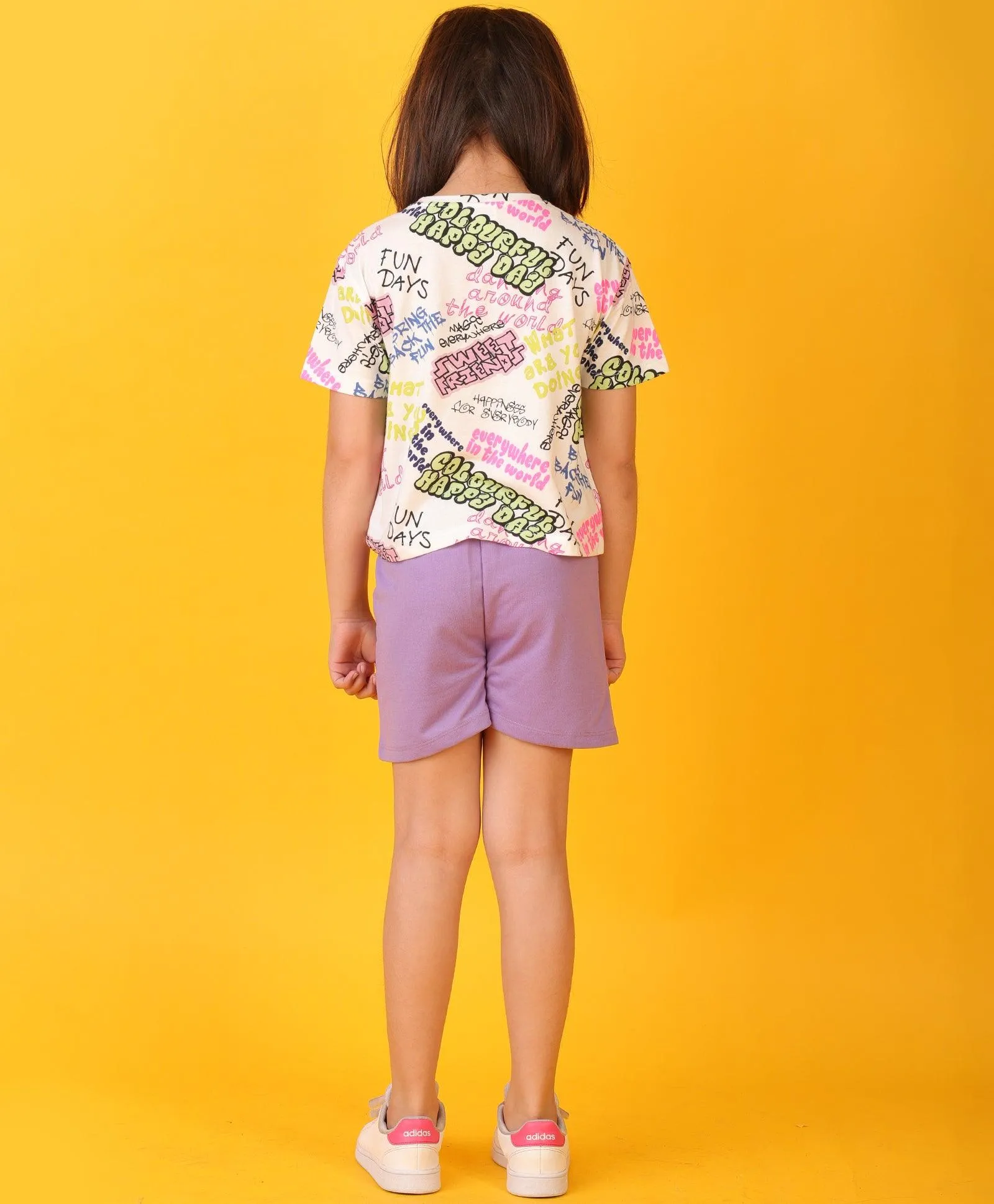 COLORFUL HAPPINESS PURPLE GIRLS SHORTS SET - WHITE/PURPLE