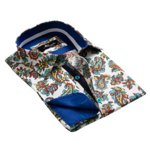 Colorful Paisley on White Mens Slim Fit French Cuff Shirts with