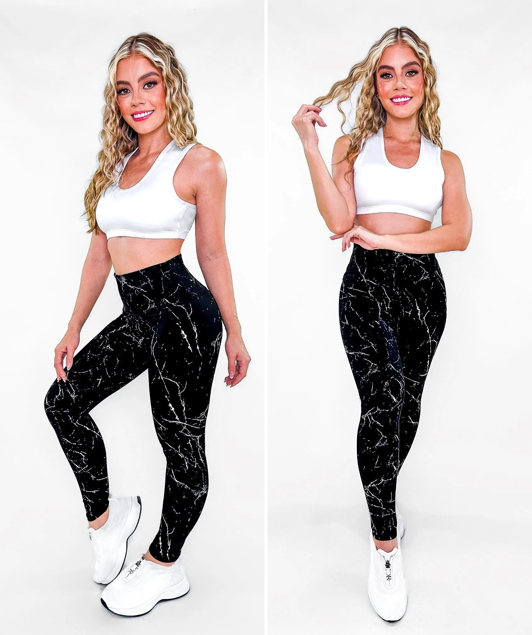 Conjunto Elite Negro Mármol • Dos Piezas | Leggins Negro Mármol   Top Grecia Blanco
