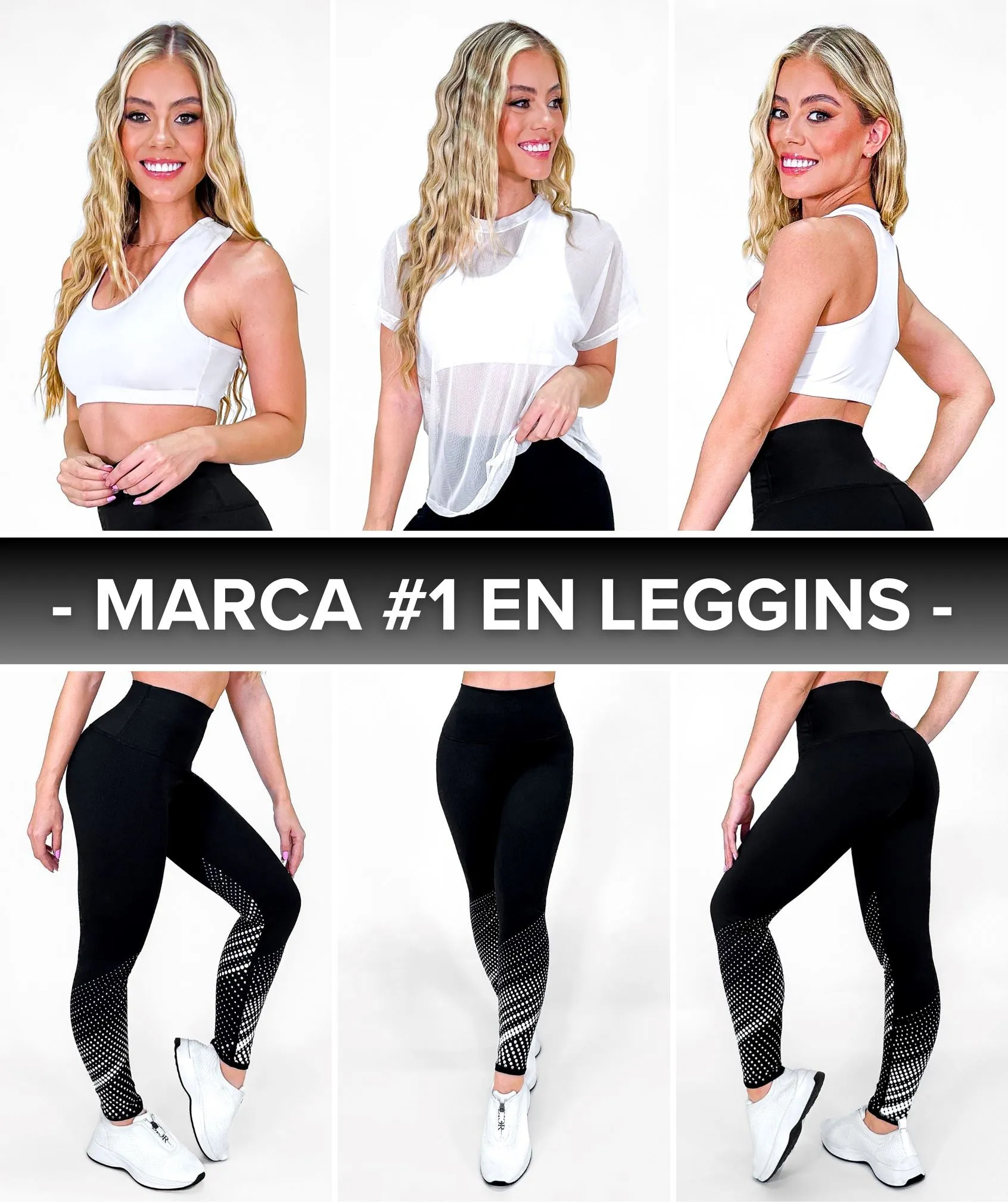 Conjunto Elite Royal Black • Tres Piezas | Leggins Royal Black   Camiseta Berlín Blanca   Top Grecia Blanco