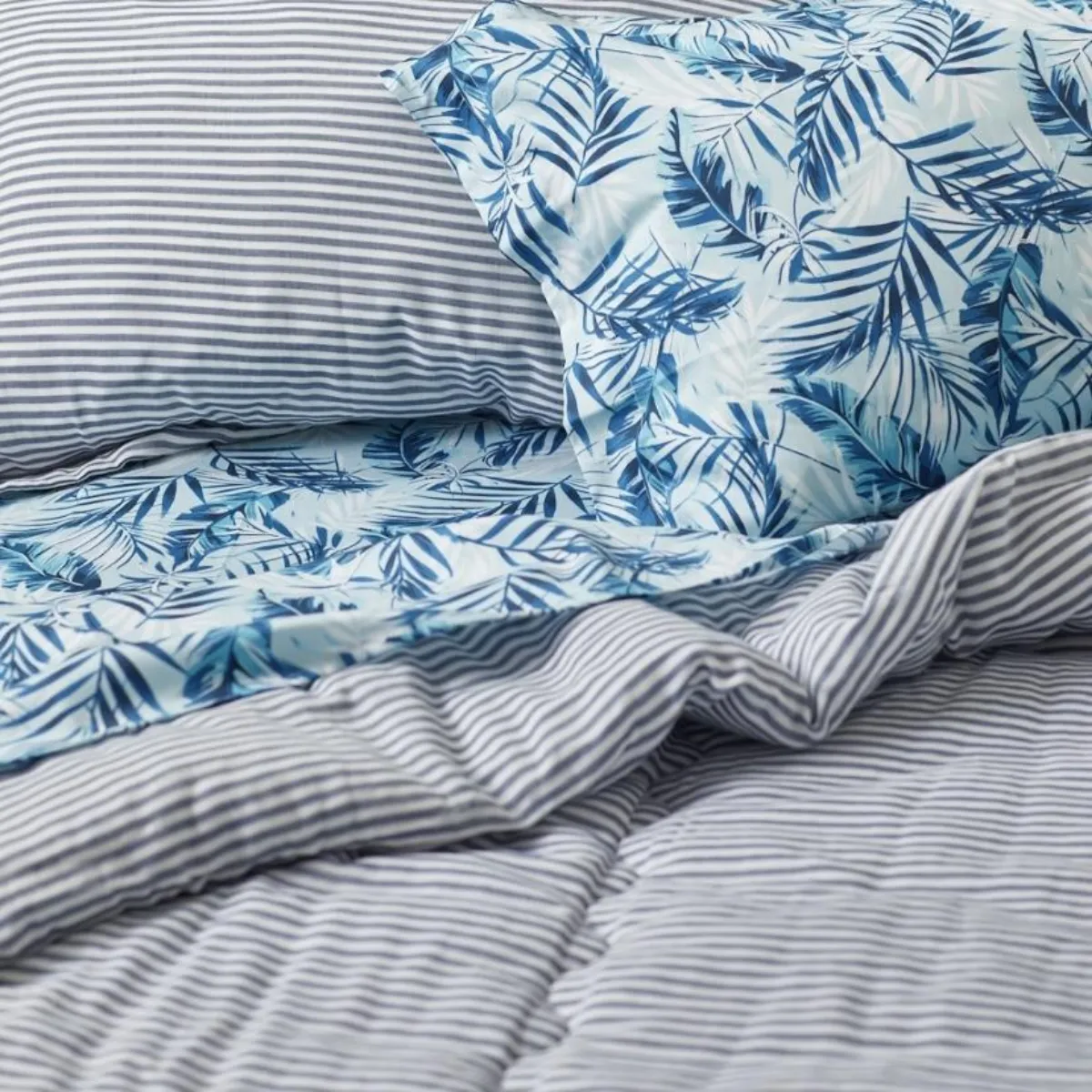 Cotton Comforter Quilt and Shams - Blue and White Pin Stripe