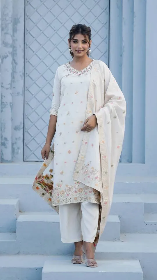 Cotton Jacquard Kurta Pant Dupatta Set for Women – Intricate Ada Work