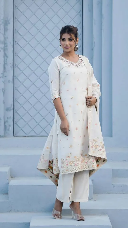 Cotton Jacquard Kurta Pant Dupatta Set for Women – Intricate Ada Work