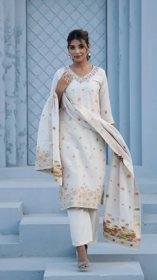 Cotton Jacquard Kurta Pant Dupatta Set for Women – Intricate Ada Work