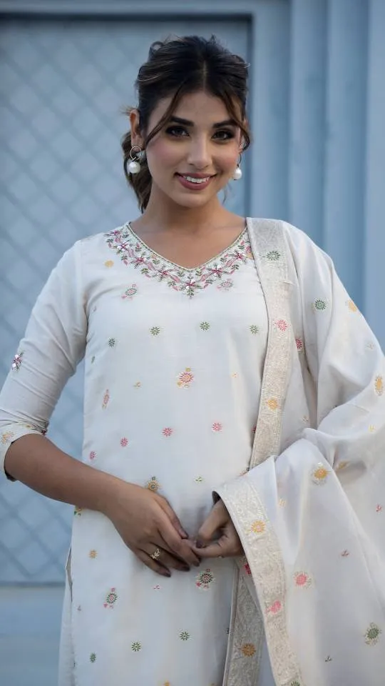 Cotton Jacquard Kurta Pant Dupatta Set for Women – Intricate Ada Work