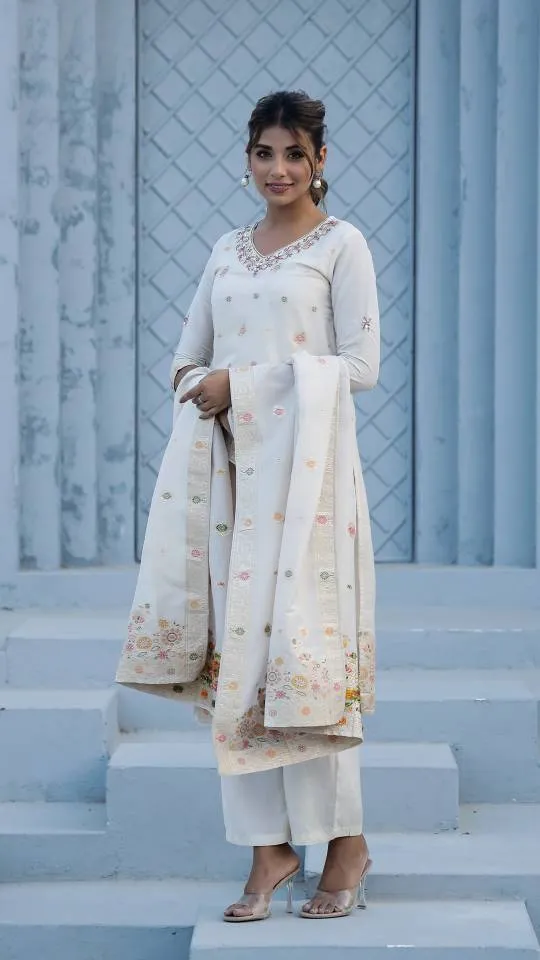 Cotton Jacquard Kurta Pant Dupatta Set for Women – Intricate Ada Work
