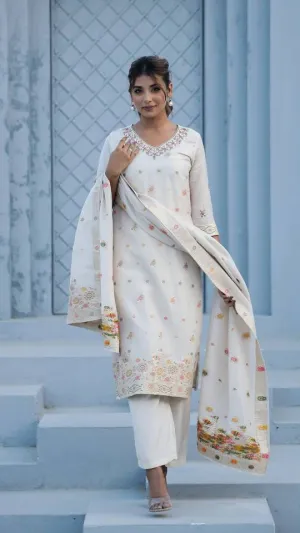 Cotton Jacquard Kurta Pant Dupatta Set for Women – Intricate Ada Work