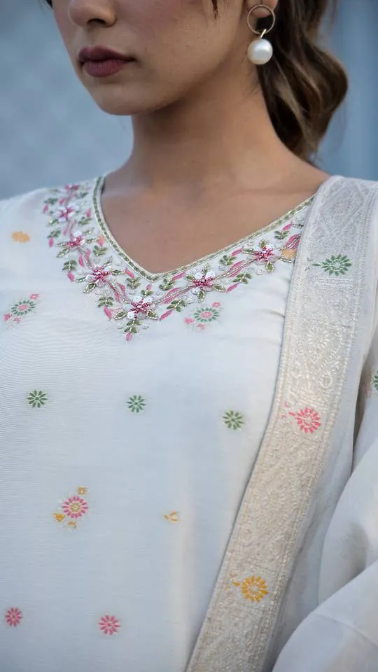 Cotton Jacquard Kurta Pant Dupatta Set for Women – Intricate Ada Work