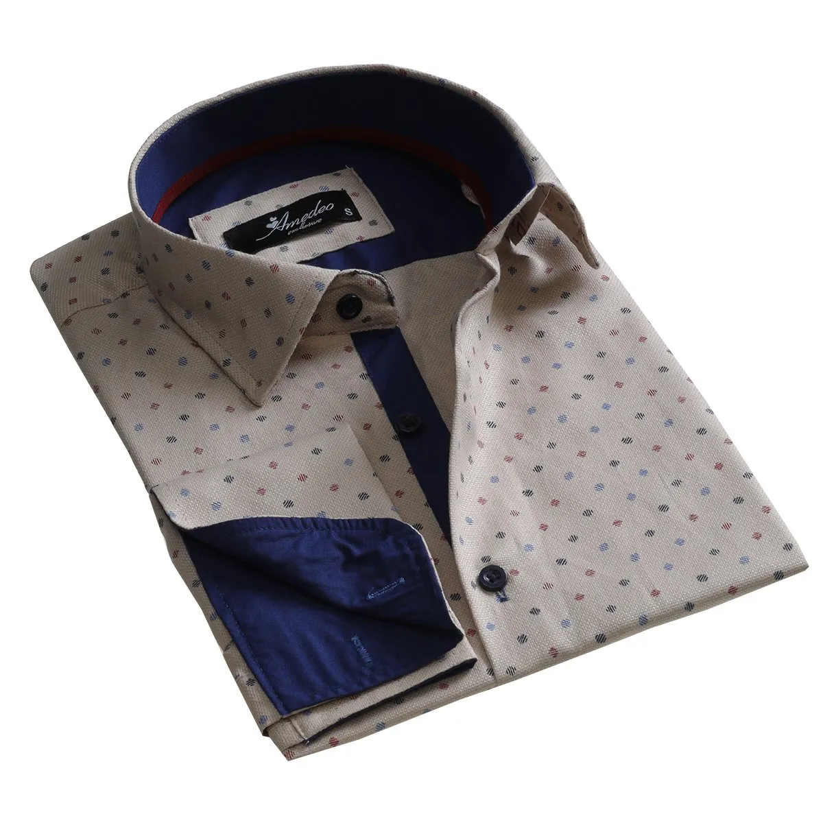 Cream Design Mens Slim Fit French Cuff Shirts with Cufflink Holes -