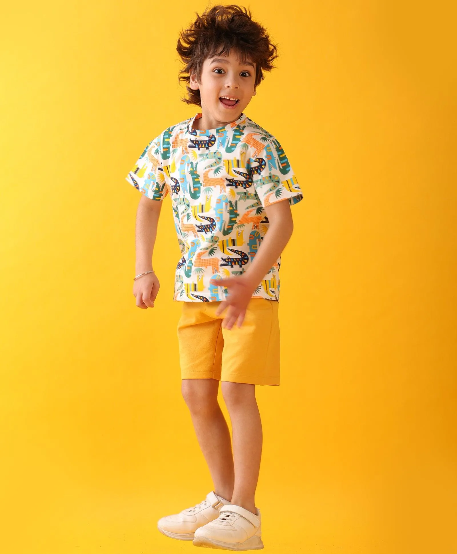 CROCODILE MUSTARD SUMMER SHORTS SET - WHITE/MUSTARD