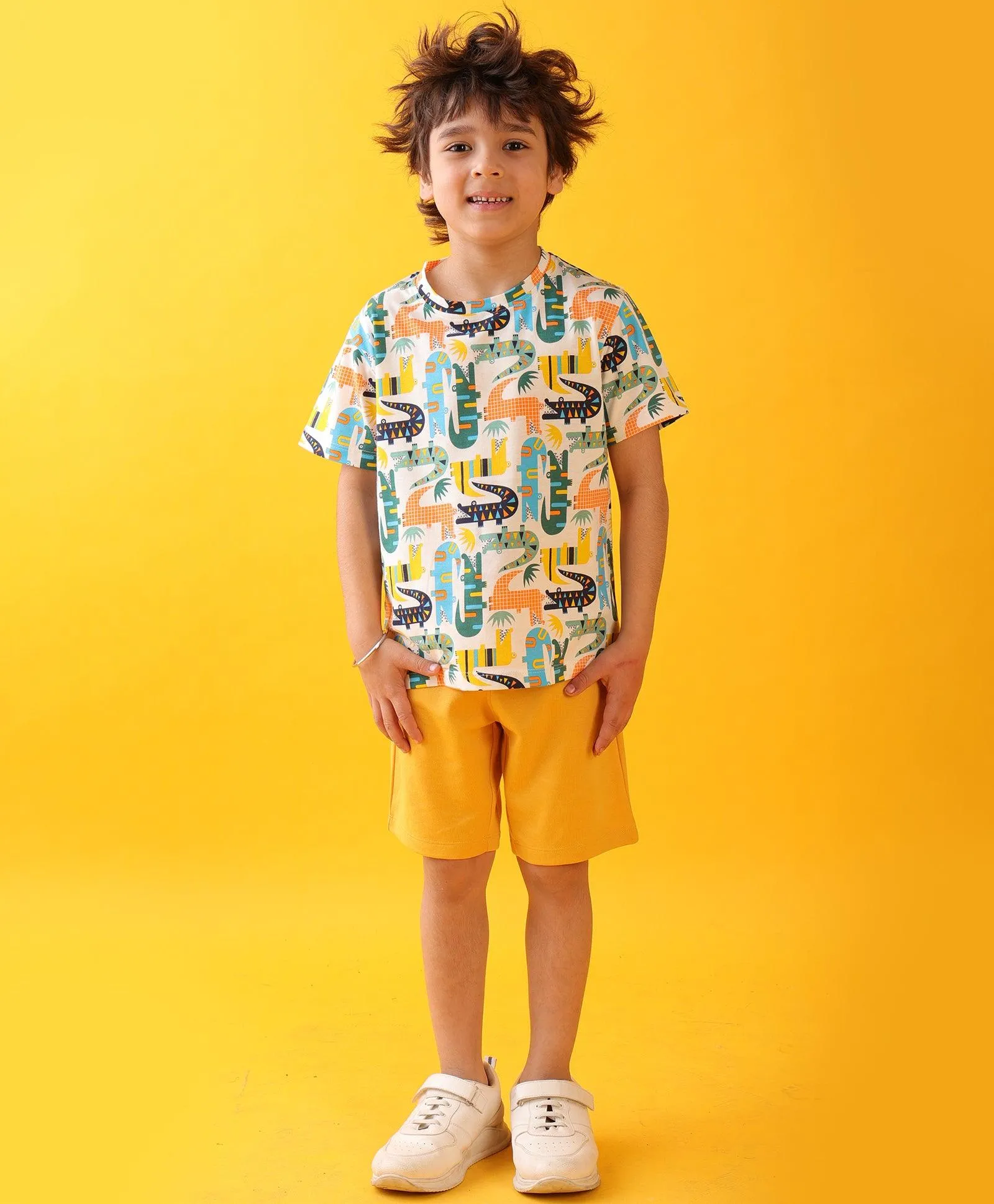 CROCODILE MUSTARD SUMMER SHORTS SET - WHITE/MUSTARD