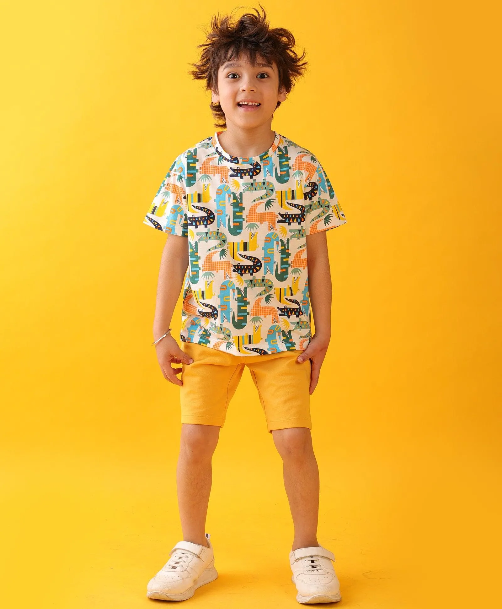CROCODILE MUSTARD SUMMER SHORTS SET - WHITE/MUSTARD