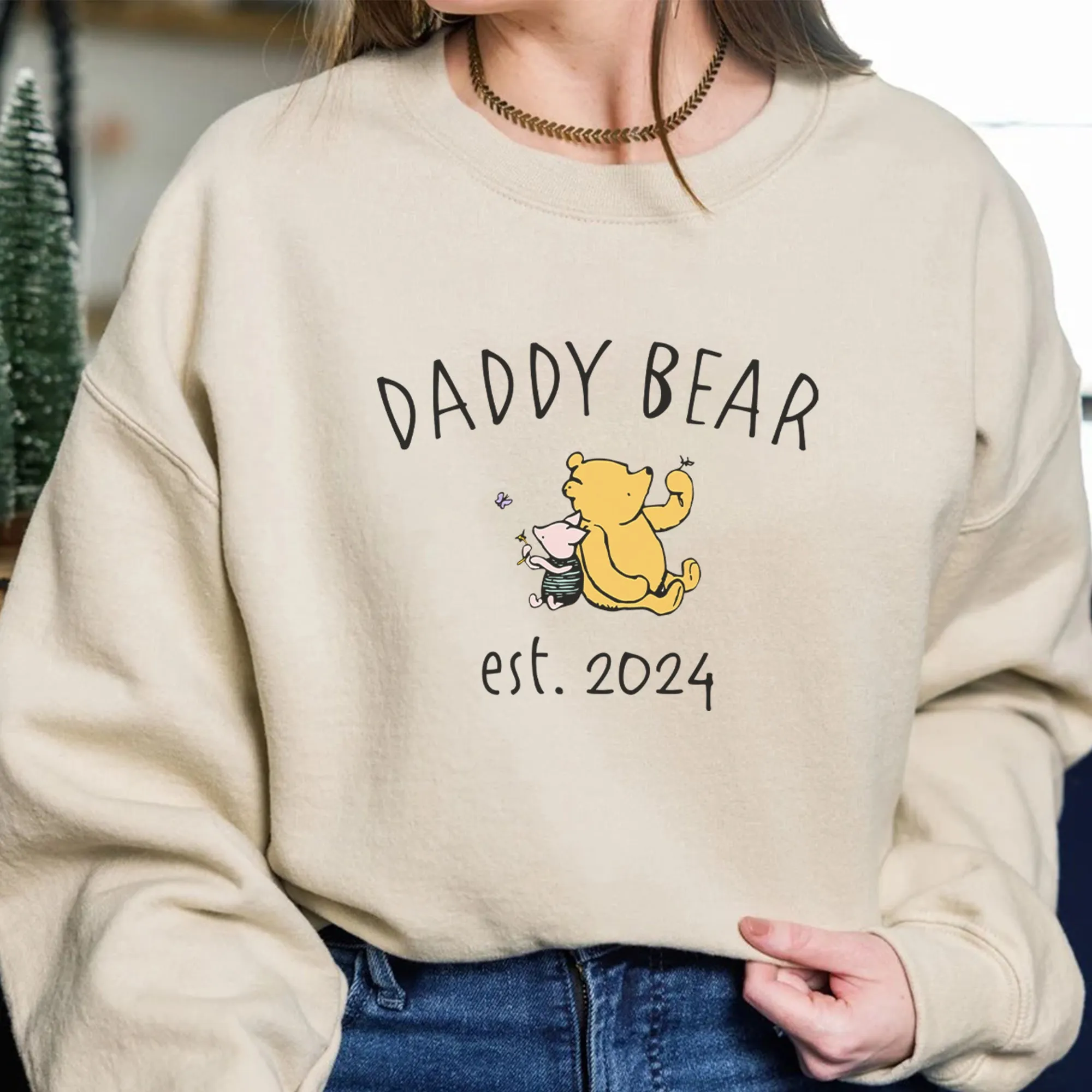 Custom Daddy Bear Winnie The Pooh Sweatshirt, Dad Est with Kid Name on Sleeve, Personalized Daddy Sweatshirt, Gift for Father's Day