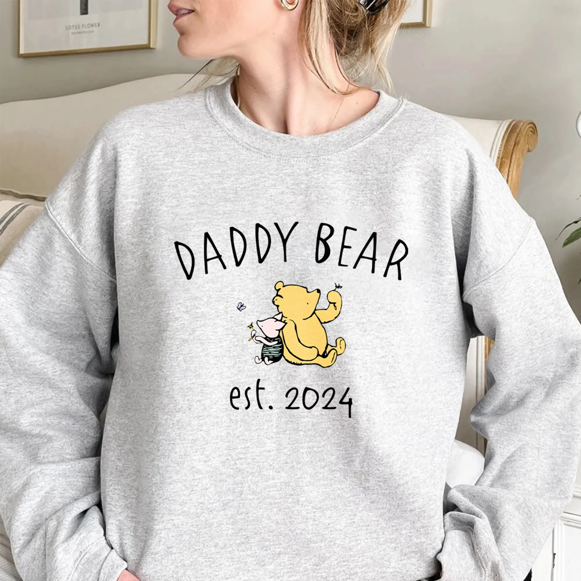 Custom Daddy Bear Winnie The Pooh Sweatshirt, Dad Est with Kid Name on Sleeve, Personalized Daddy Sweatshirt, Gift for Father's Day