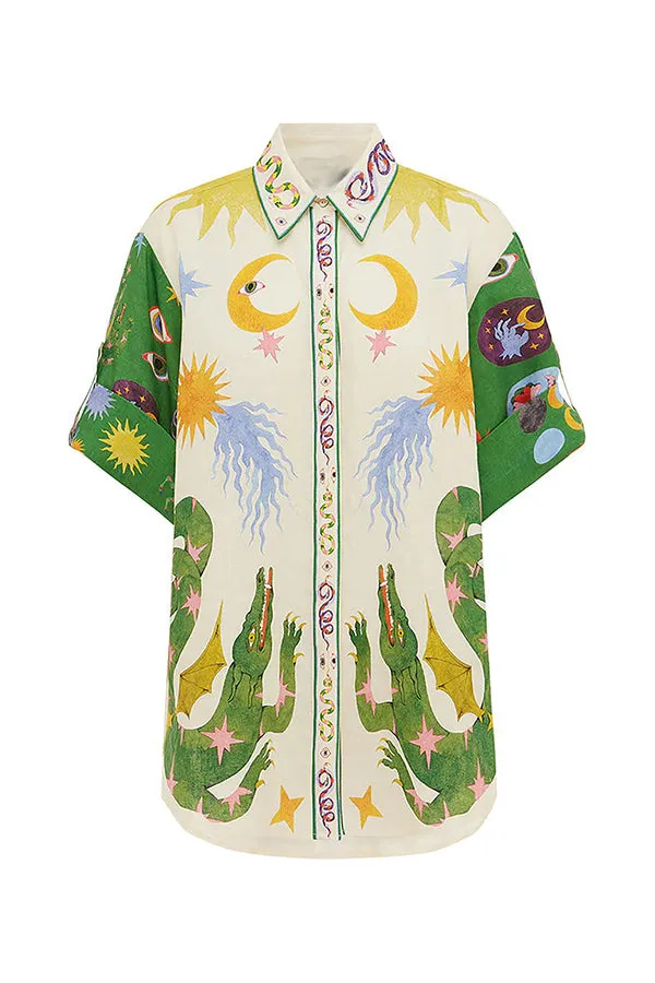 Days of Heaven Linen Blend Unique Print Blouse and Elastic Waist Pocketed Shorts Set