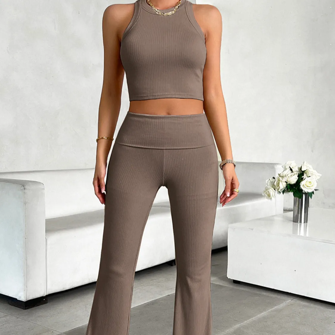 Devine Ribbed Round Neck Tank and Pants Set