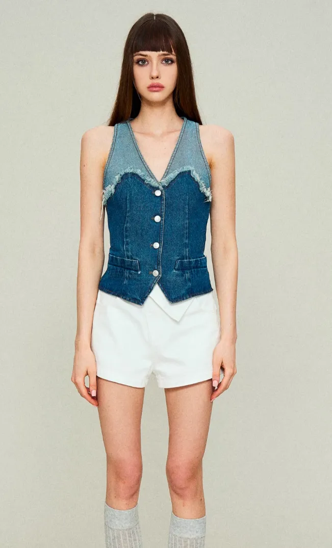 Distressed Denim Panel Vest