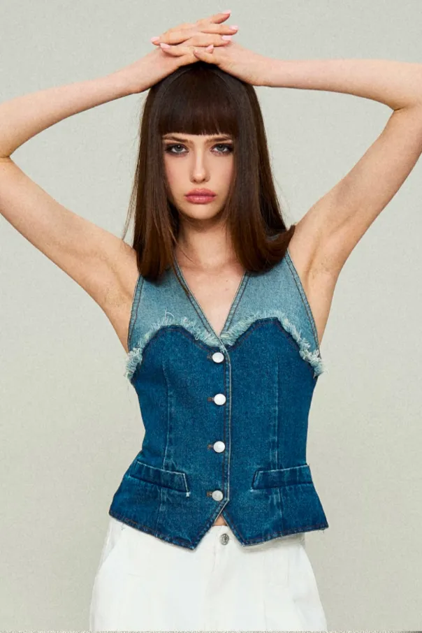 Distressed Denim Panel Vest