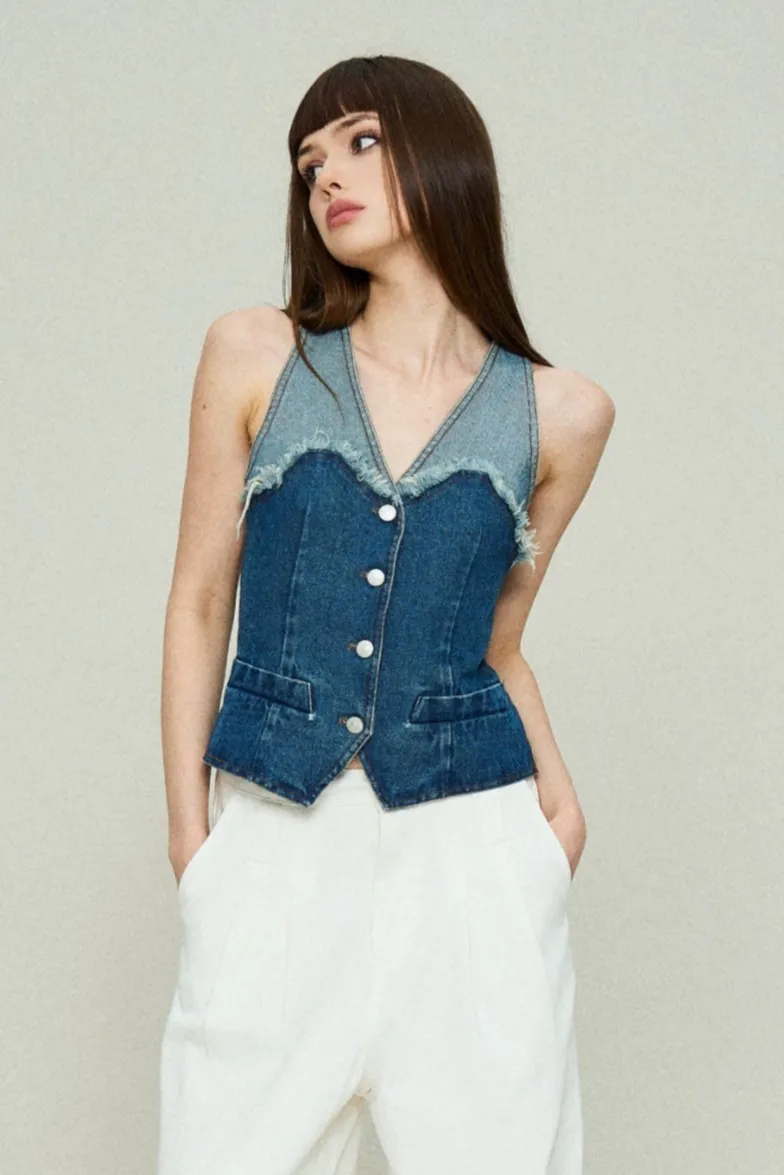 Distressed Denim Panel Vest