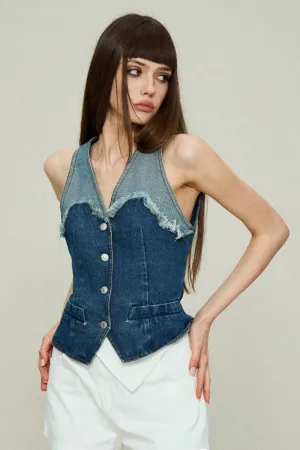 Distressed Denim Panel Vest