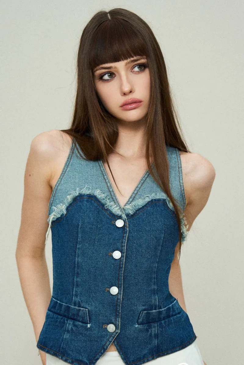 Distressed Denim Panel Vest