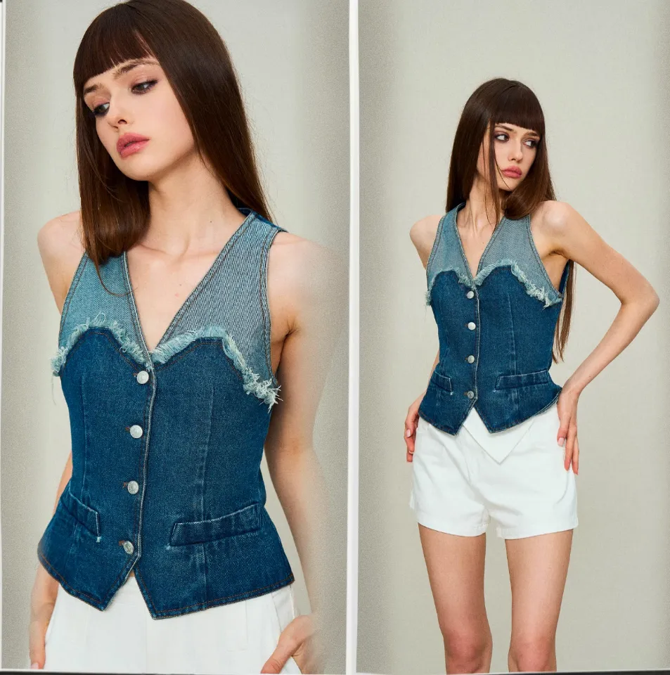 Distressed Denim Panel Vest