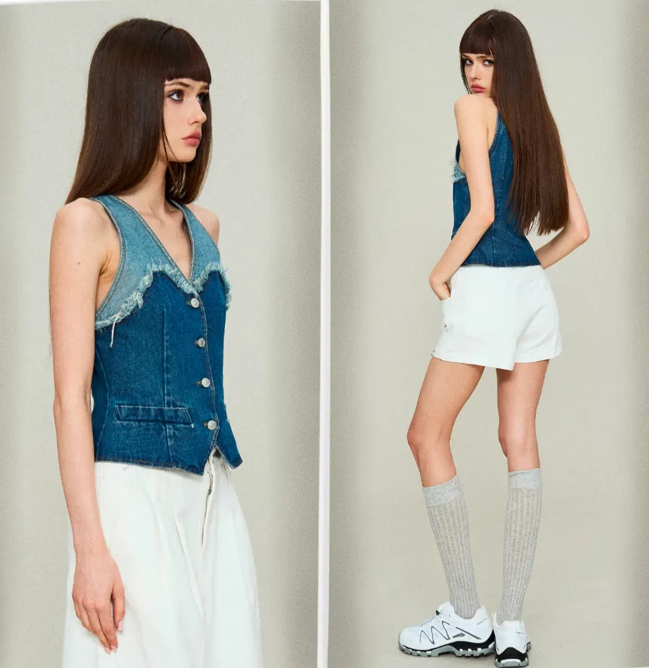Distressed Denim Panel Vest