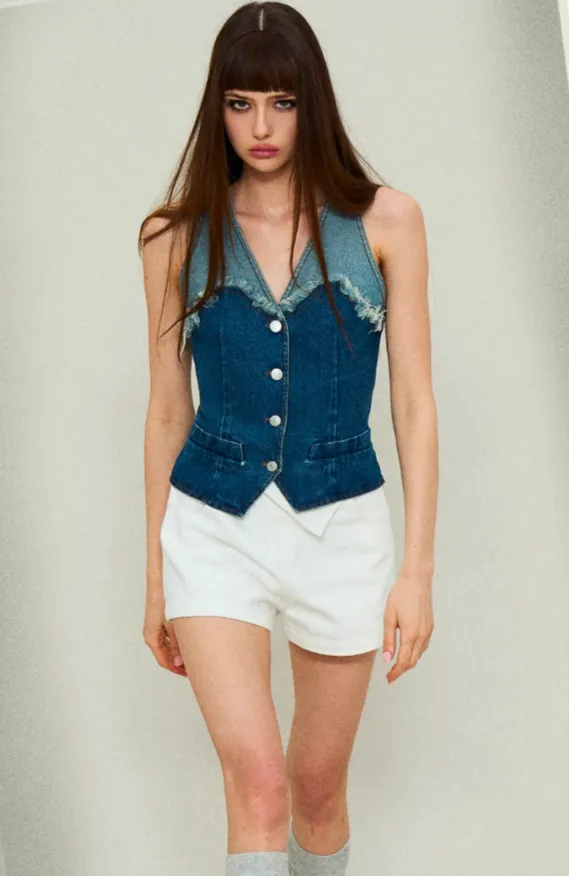 Distressed Denim Panel Vest
