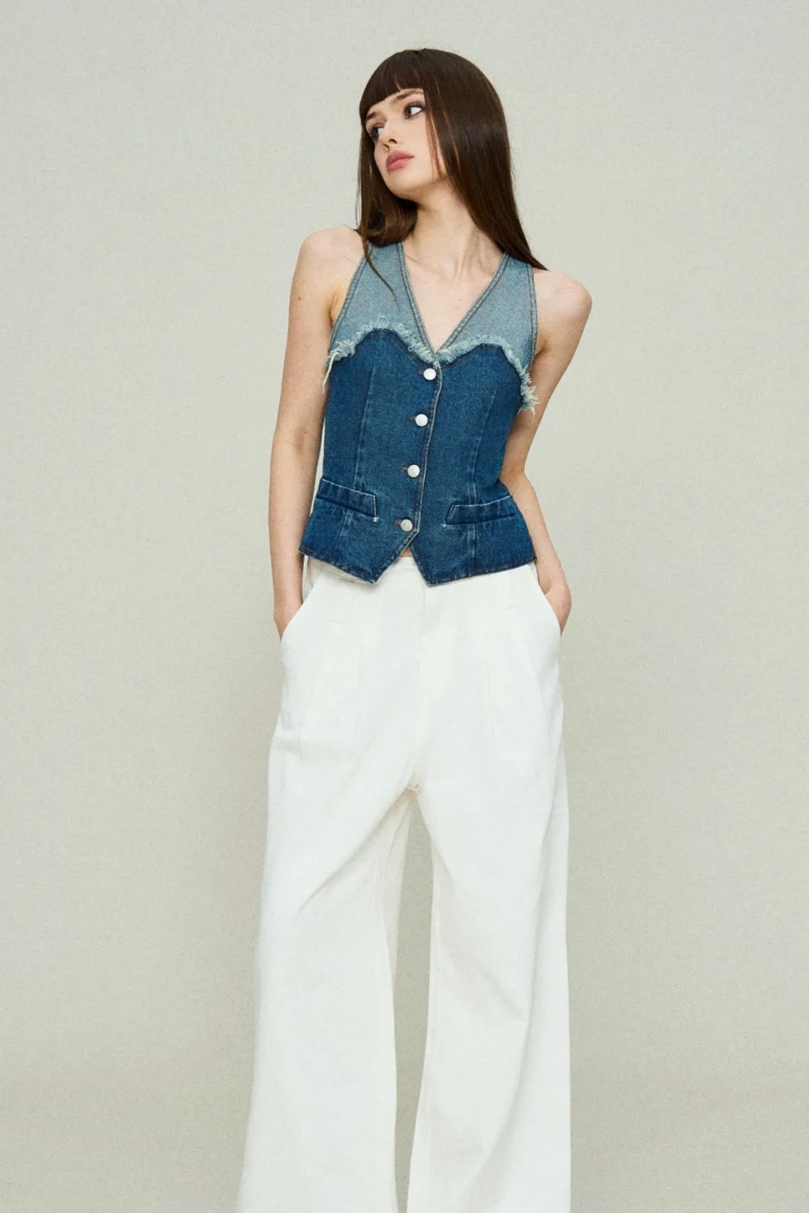 Distressed Denim Panel Vest